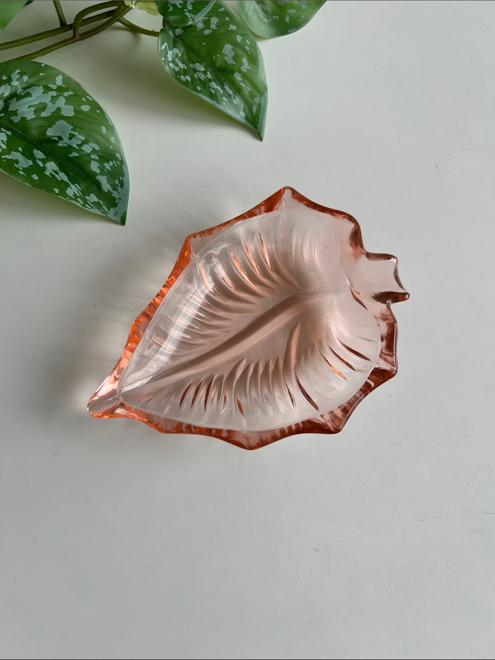 Vintage Blush Pink Glass Leaf Ashtray Trinket Dish